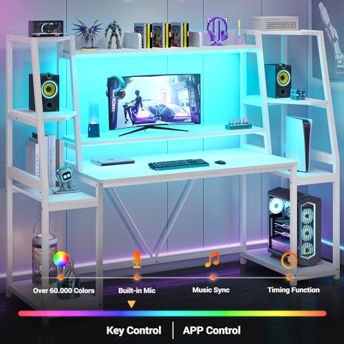 Gaming Desk with LED Lights, Hutch and Storage Shelves, Black R364