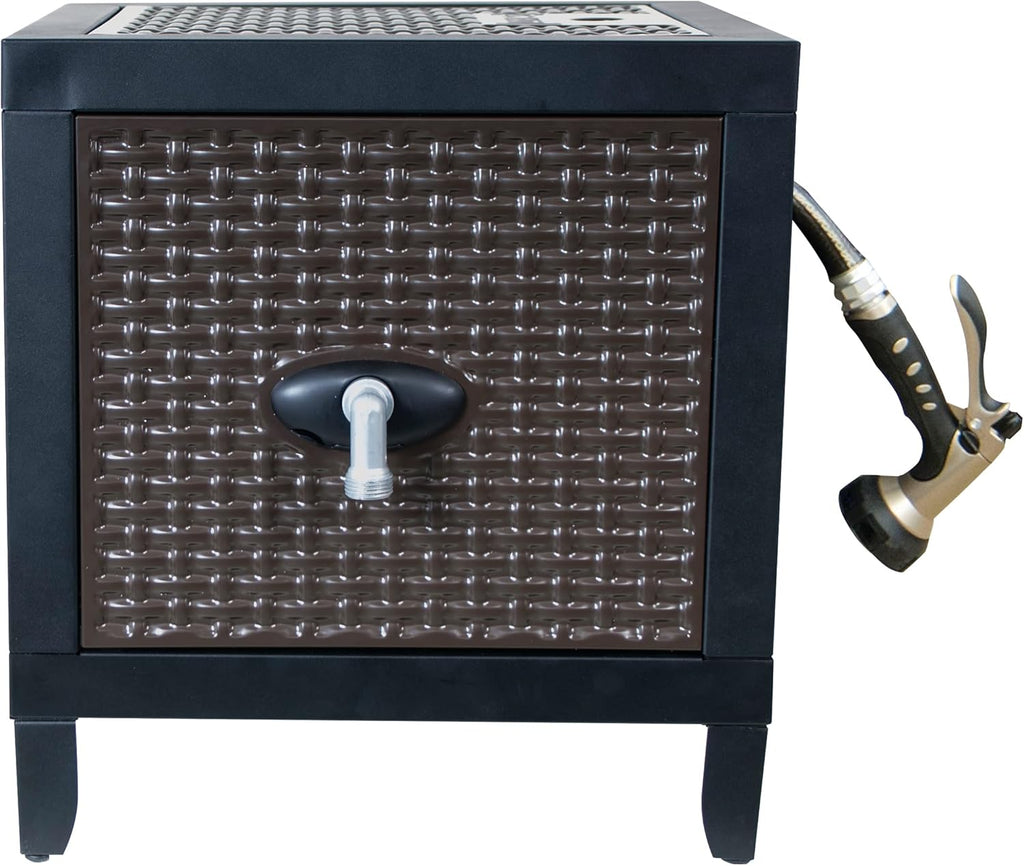 Hose Reel Cabinet Box, 100 Ft Capacity, Wicker Look, Auto Track Rewinding, Black Metal N2738
