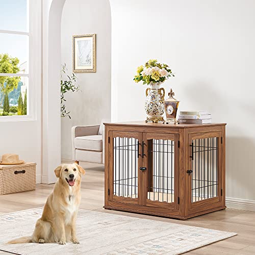 Wooden Dog Crate End Table with Double Doors and Pet Bed T245171