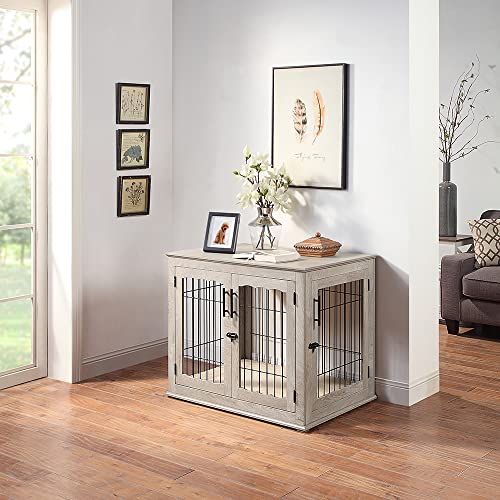 Wooden Dog Crate End Table with Double Doors and Pet Bed T245171