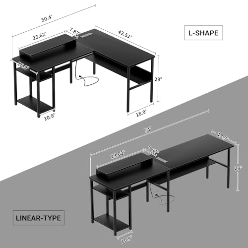 Reversible L Shaped Desk with Power Outlets and LED Light, Corner Computer Desk with Monitor Stand and Storage Shelves, Black D613