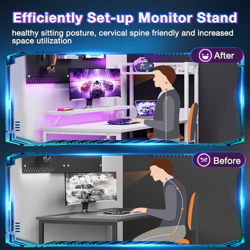 Reversible Gaming Desk with USB Charging Port and LED Lights, 40 Inch Computer Desk with Storage Shelves C134