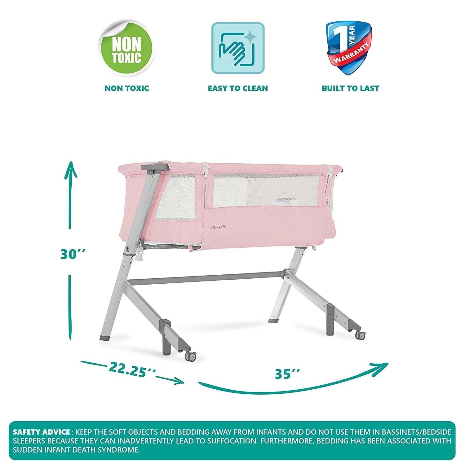 Pink Portable Baby Bassinet with Adjustable Height and Foldable Design V86789