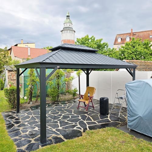 10' x 14' Permanent Hardtop Gazebo with Galvanized Steel Double Roof, Curtains and Netting Included M96664