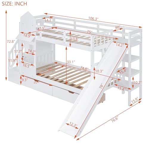 Kids Bunk Bed with Stairs and Slide, Twin Over Twin, Gray E77813