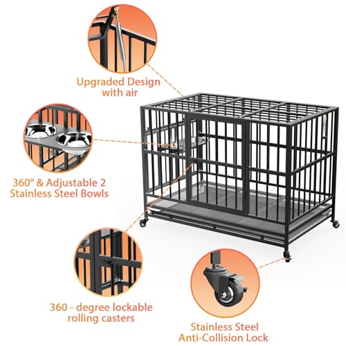 48" Heavy-Duty Dog Crate with Wheels and Dual Adjustable Bowls F169