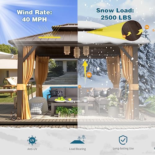10'x13' Hardtop Gazebo with Polycarbonate Double Roof, Aluminum Frame, Curtains and Netting N263