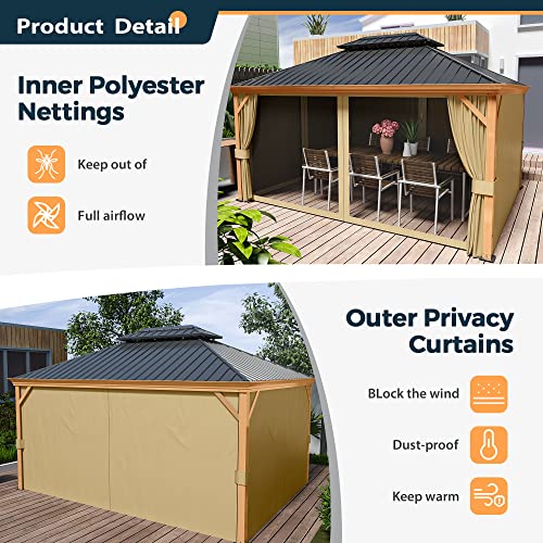 10 x 12 ft Hardtop Gazebo with Netting and Curtains, Double Roof Metal Canopy for Patio I7305