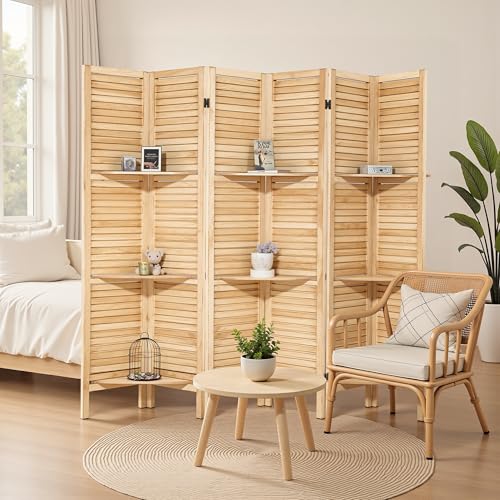 6 Panel Wooden Room Divider with Shelves B102027