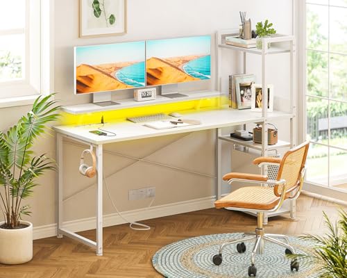 Reversible Gaming Desk with USB Charging Port and LED Lights, 40 Inch Computer Desk with Storage Shelves C134