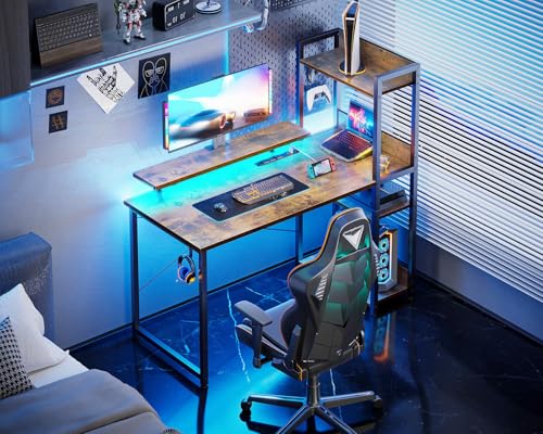 Reversible Gaming Desk with USB Charging Port and LED Lights, 40 Inch Computer Desk with Storage Shelves C134