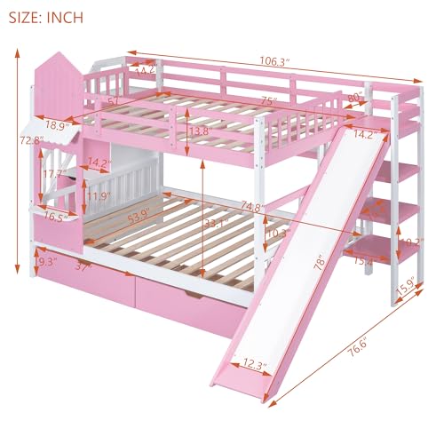 Twin Over Twin Bunk Bed with Stairs and Slide, Solid Wood Frame with Storage Y2445