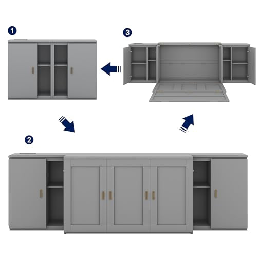 Murphy Bed Chest with Shelves, Foldable Wood Platform Bed Frame I45495
