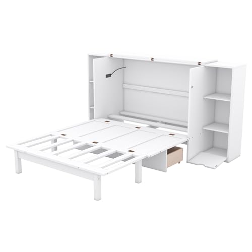 Murphy Bed Chest with Shelves, Foldable Wood Platform Bed Frame I45495