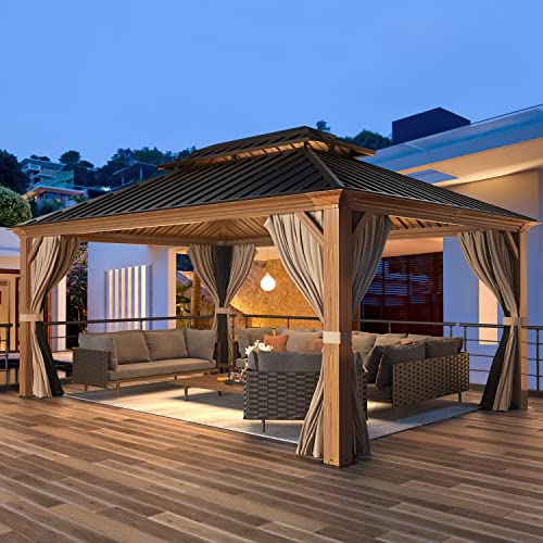 12x16 ft Hardtop Gazebo with Galvanized Steel Roof, Curtains and Netting V821