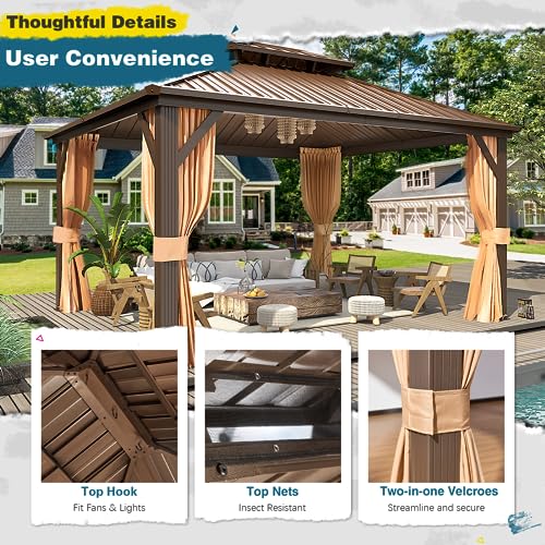 10'x13' Hardtop Gazebo with Polycarbonate Double Roof, Aluminum Frame, Curtains and Netting N263