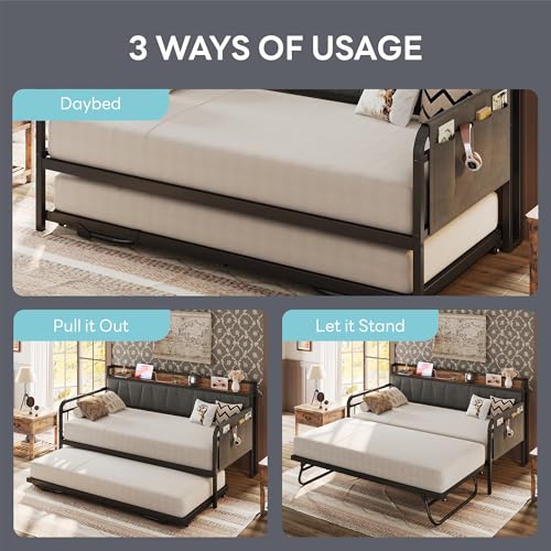 Daybed with Trundle and Storage Headboard, Twin Size, Grey M473750