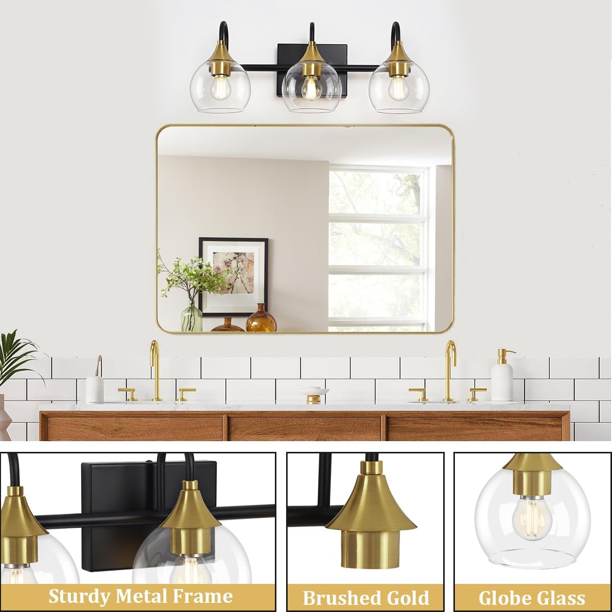 Black Gold Bathroom Vanity Light, 3 Light Wall Sconce for Mirror A7975