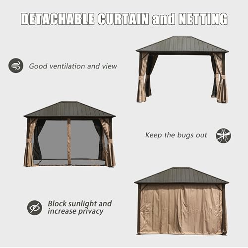 10 x 10 ft Hardtop Gazebo with Netting and Curtains, Galvanized Steel Roof for Patio and Garden X50618