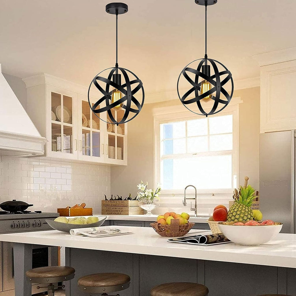 Black Pendant Light, Vintage Spherical Metal Globe Hanging Lamp for Kitchen Island V831