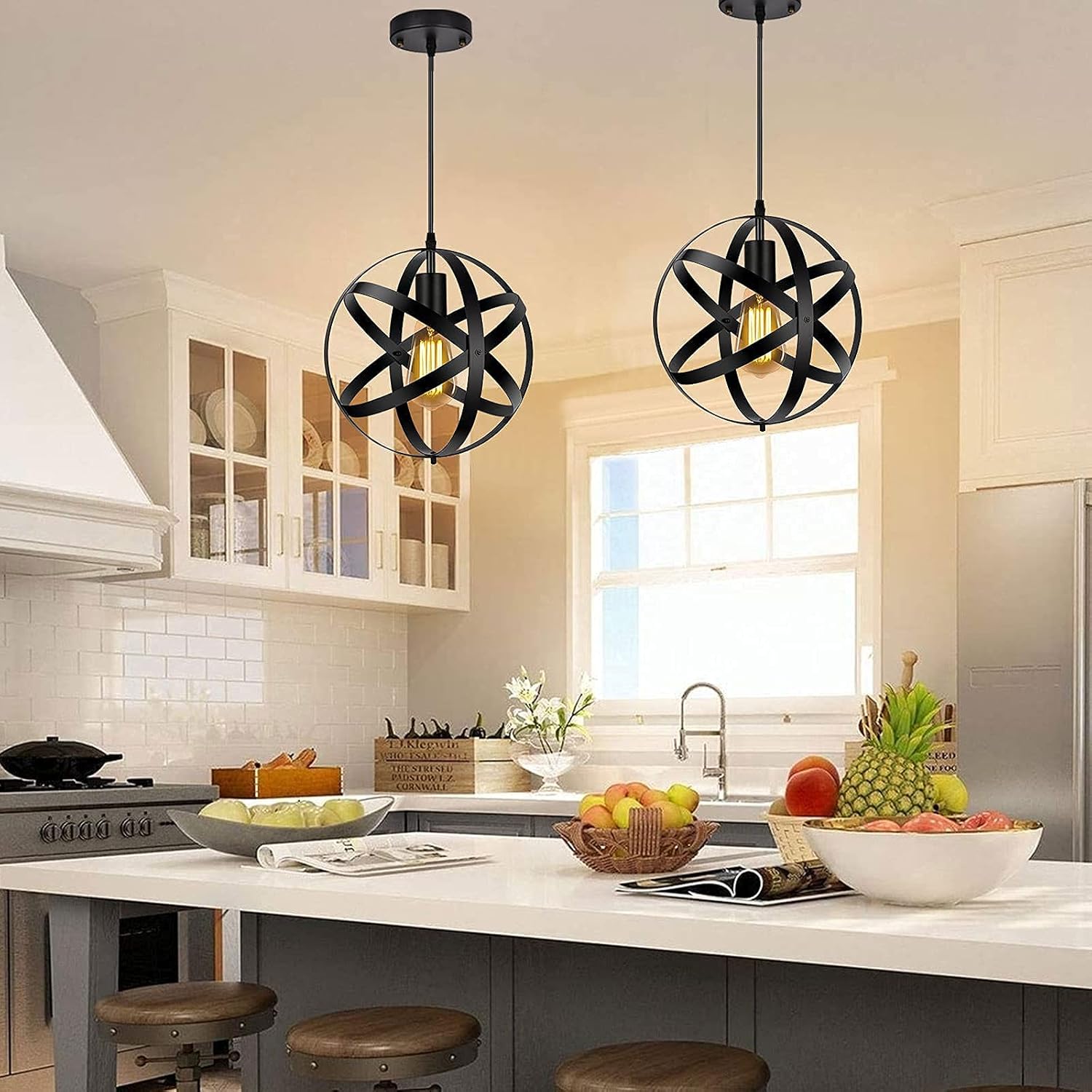 Black Pendant Light, Vintage Spherical Metal Globe Hanging Lamp for Kitchen Island V831