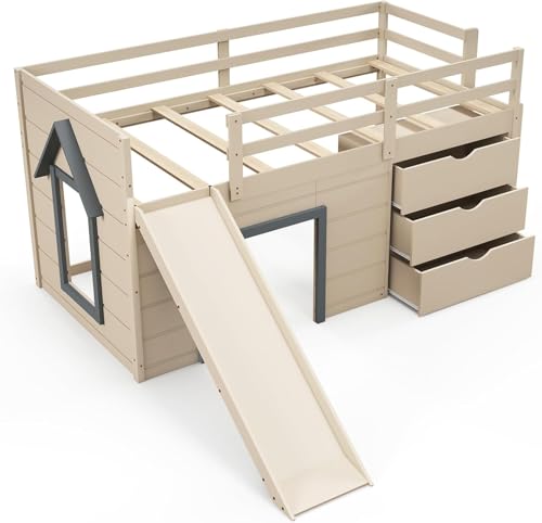 Twin Low Loft Bed with 3 Storage Drawers, Slide, Ladder & Guardrails B4129