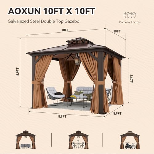 12x16 Hardtop Gazebo with Netting and Curtains, Aluminum Frame, Polycarbonate Roof N71921