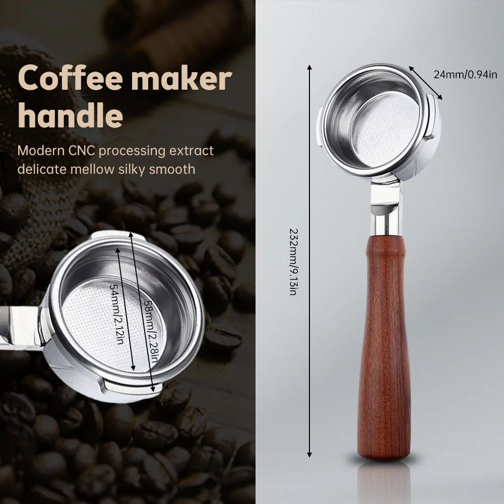 54mm Stainless Steel Bottomless Portafilter with Wood Handle, Filter, Basket, Spoon, and Brush G8121