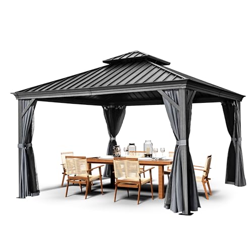 10 x 12 ft Hardtop Gazebo with Netting and Curtains, Double Roof Metal Canopy for Patio I7305