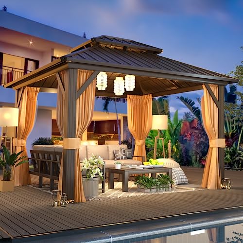 10'x13' Hardtop Gazebo with Polycarbonate Double Roof, Aluminum Frame, Curtains and Netting N263