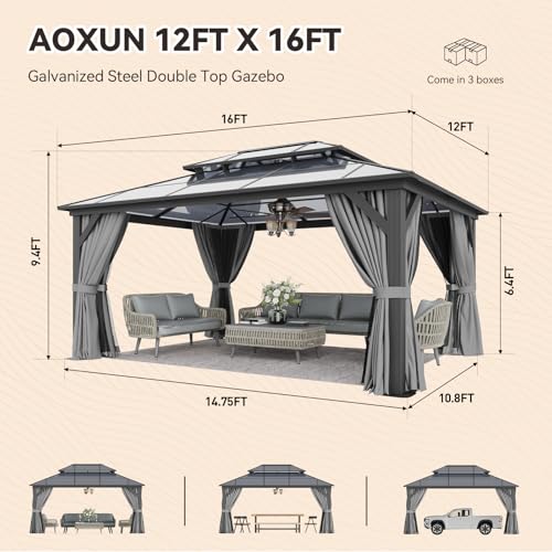 12x16 Hardtop Gazebo with Netting and Curtains, Aluminum Frame, Polycarbonate Roof N71921
