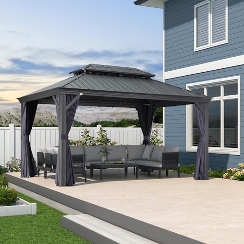10' x 14' Permanent Hardtop Gazebo with Galvanized Steel Double Roof, Curtains and Netting Included M96664