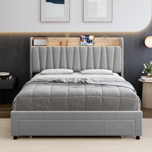 Queen Size Bed Frame with Storage Headboard and Drawers H139426