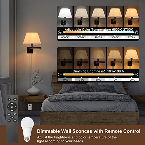 Wall Sconces Plug in, Remote Control Dimmable, Swing Arm Wall Lights with Fabric Shade, 2 Pack Z41784