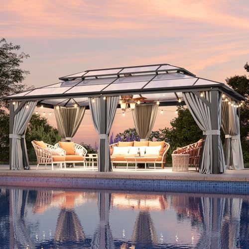 12x16 Hardtop Gazebo with Netting and Curtains, Aluminum Frame, Polycarbonate Roof N71921