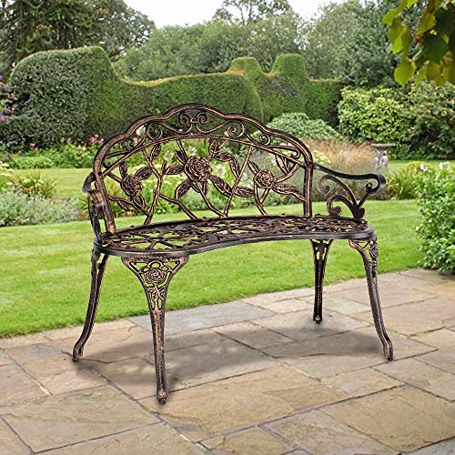 Outdoor Metal Rose Bench for Patio Garden, Cast Iron Frame, 2-Person Seat X288723