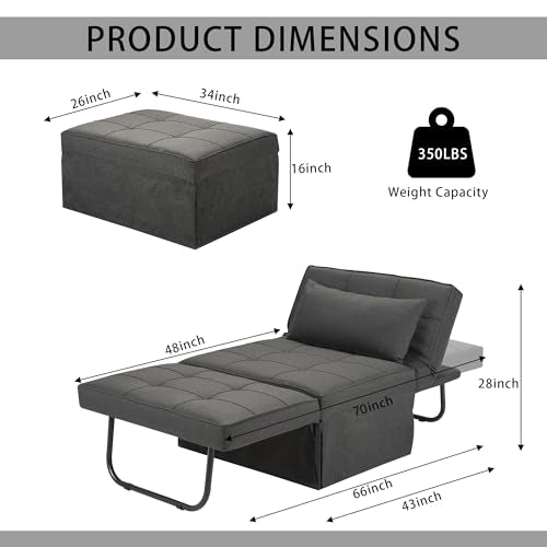 Sofa Bed Folding Ottoman Couch with Adjustable Backrest, Dark Grey C9023