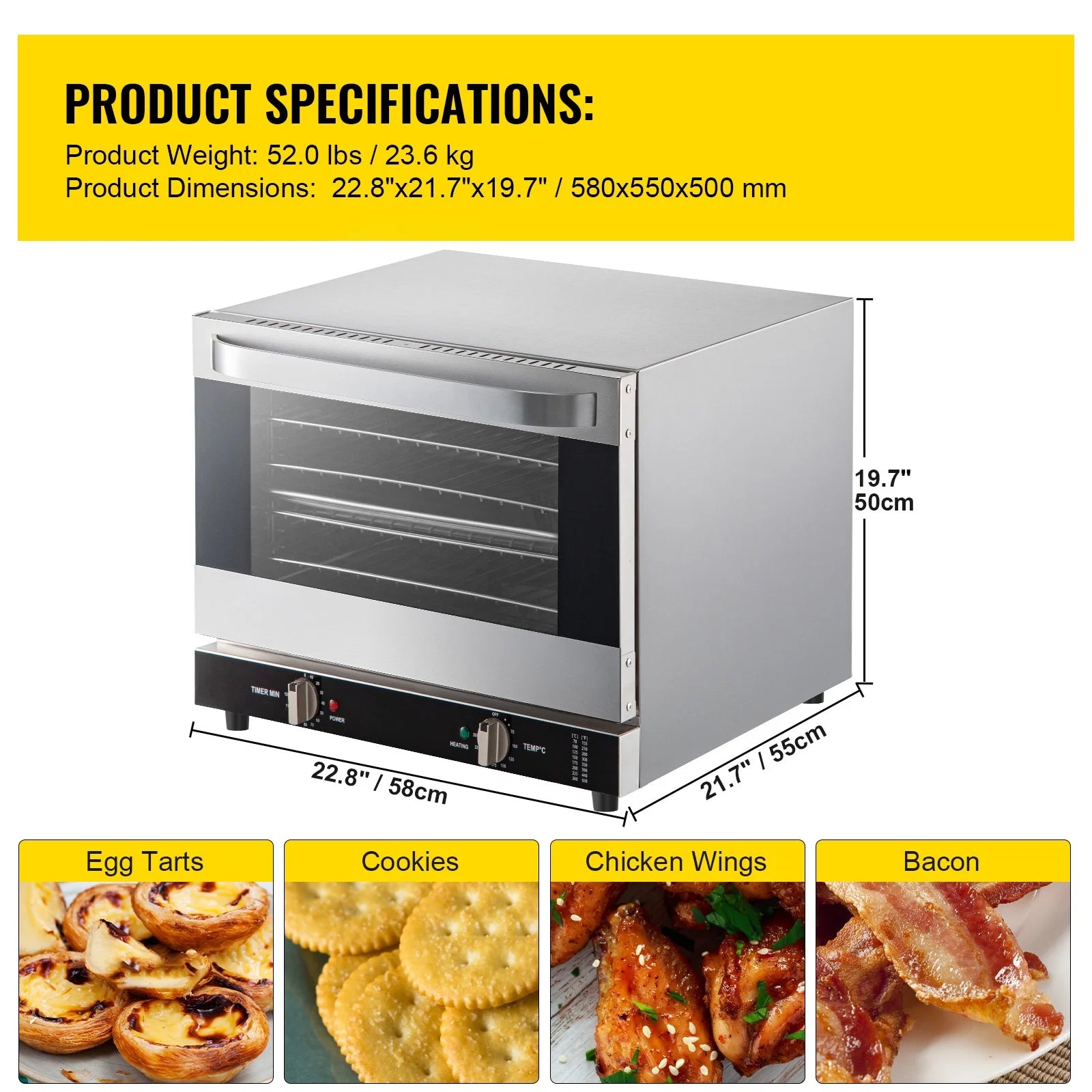 Commercial Convection Oven, 66L Countertop, 1800W Electric Baking Oven with Trays and Racks T271000
