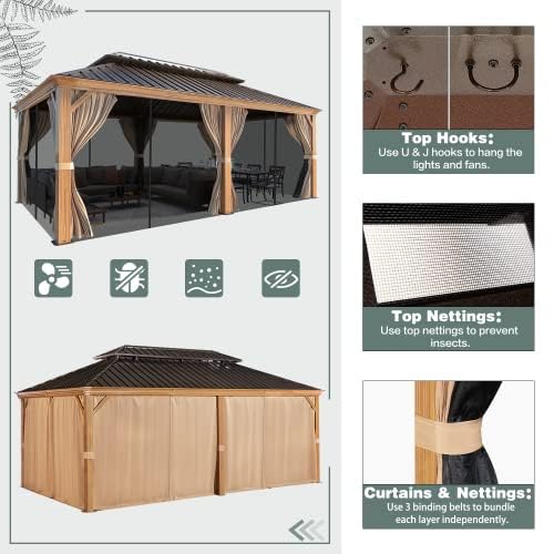 12x16 ft Hardtop Gazebo with Galvanized Steel Roof, Curtains and Netting V821