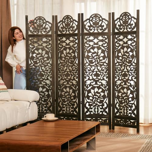 Wood Carved Room Divider 4 Panel Folding Screen Z937290