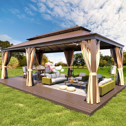 12x16 ft Hardtop Gazebo with Galvanized Steel Roof, Curtains and Netting V821