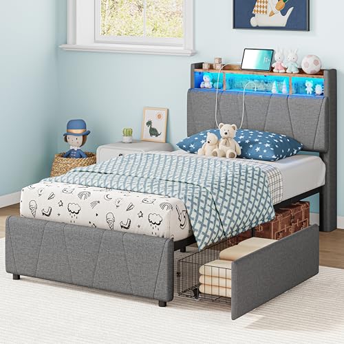 Twin Bed Frame with 2 Storage Drawers, Charging Station & LED Lights, Upholstered Platform Bed, Beige Q69205