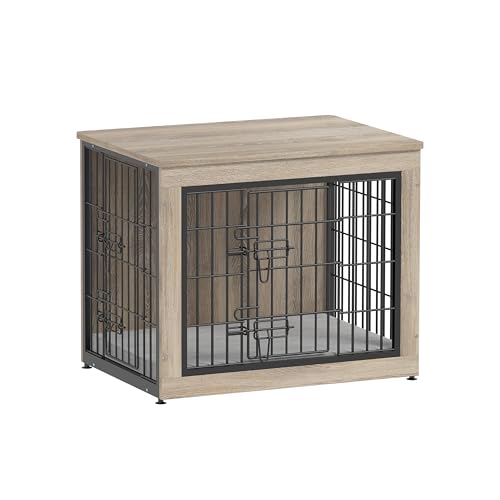 Dog Crate Furniture with Cushion, Heavy-Duty Metal Mesh, Wooden End Table with Double Doors, Indoor Kennel for Small Breed, Grey K856