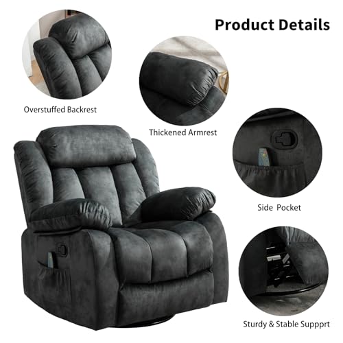 Massage Swivel Rocker Recliner Chair with Heat and Vibration, 360 Degree Swivel Manual Recliners, Grey Y4896