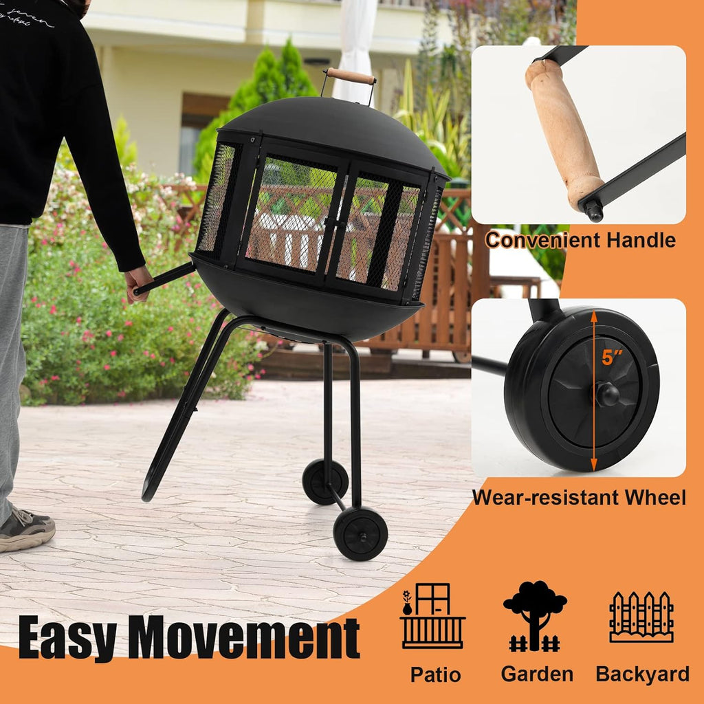 Portable Fire Pit with Wheels, 28 Inch Wood Burning, Black N2023