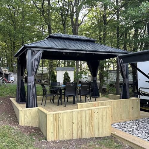 10 x 10 ft Hardtop Gazebo with Netting and Curtains, Galvanized Steel Roof for Patio and Garden X50618