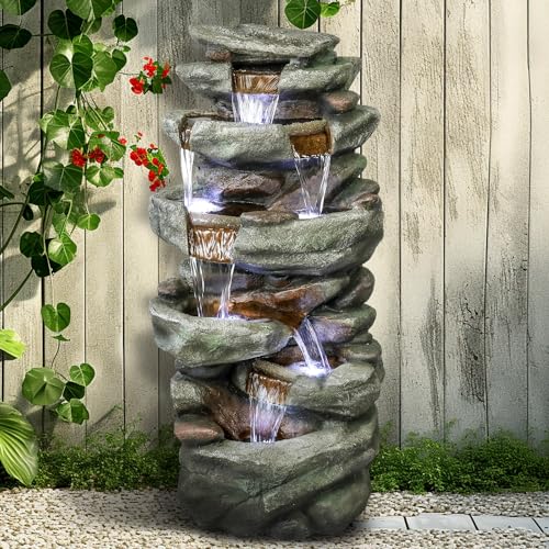 40" High 6-Tier Cascading Rock Outdoor Water Fountain with LED Lights for Garden Patio Yard Decor P631596