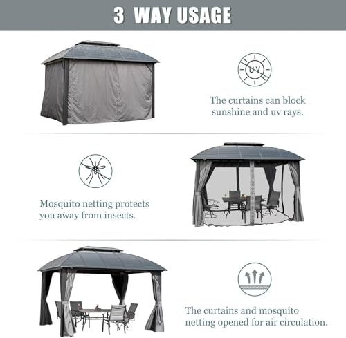10 x 10 ft Hardtop Gazebo with Netting and Curtains, Galvanized Steel Roof for Patio and Garden X50618