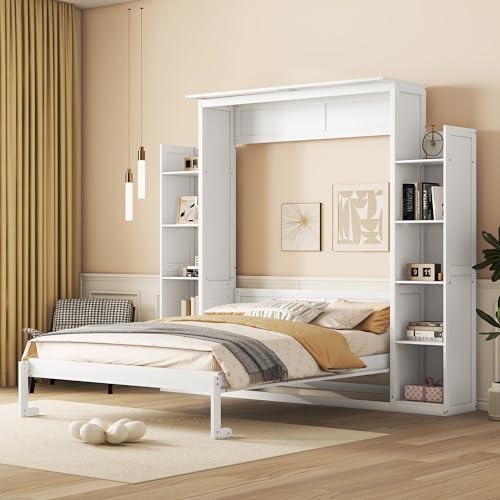 Merax Queen Size Murphy Bed with 2 Five-Layer Cabinet, Modern Wall Bed with Shelves and LED Lights, Foldable Wood Platform Bed Folded into Cabinet for Guest Room, Home and Office, White