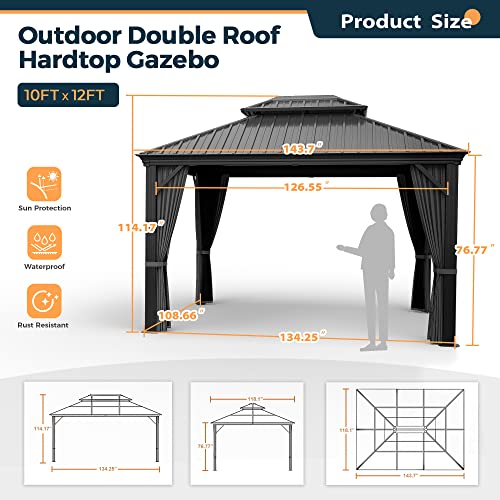 10 x 12 ft Hardtop Gazebo with Netting and Curtains, Double Roof Metal Canopy for Patio I7305